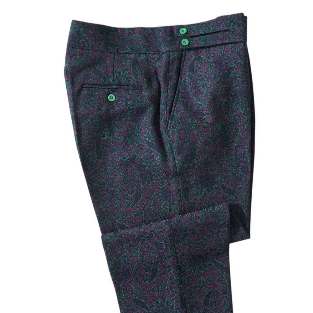 Mens 36 Gurkha Pants Purple Green Paisley 100% Wool Flat Front Straight Trousers - Picture 7 of 8